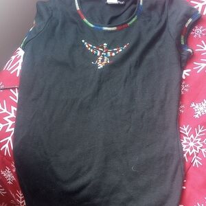 Black T-Shirt with Colorful Bird Design-vintage